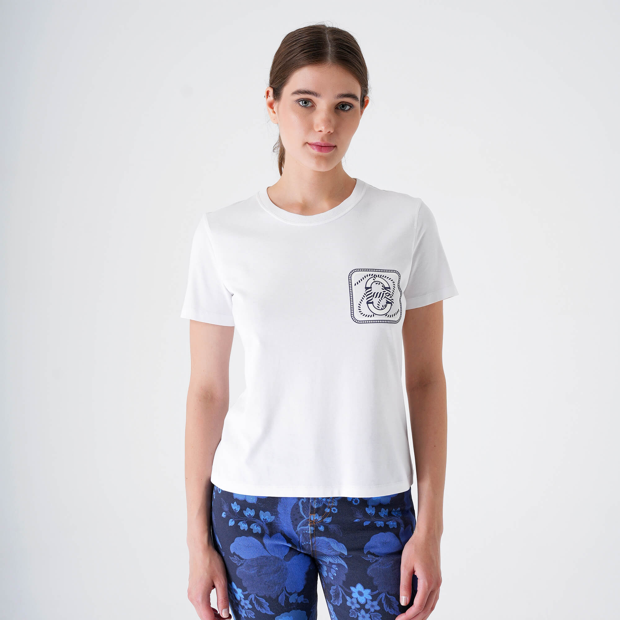 Hermes - White&Navy Canoe Print Tshirt